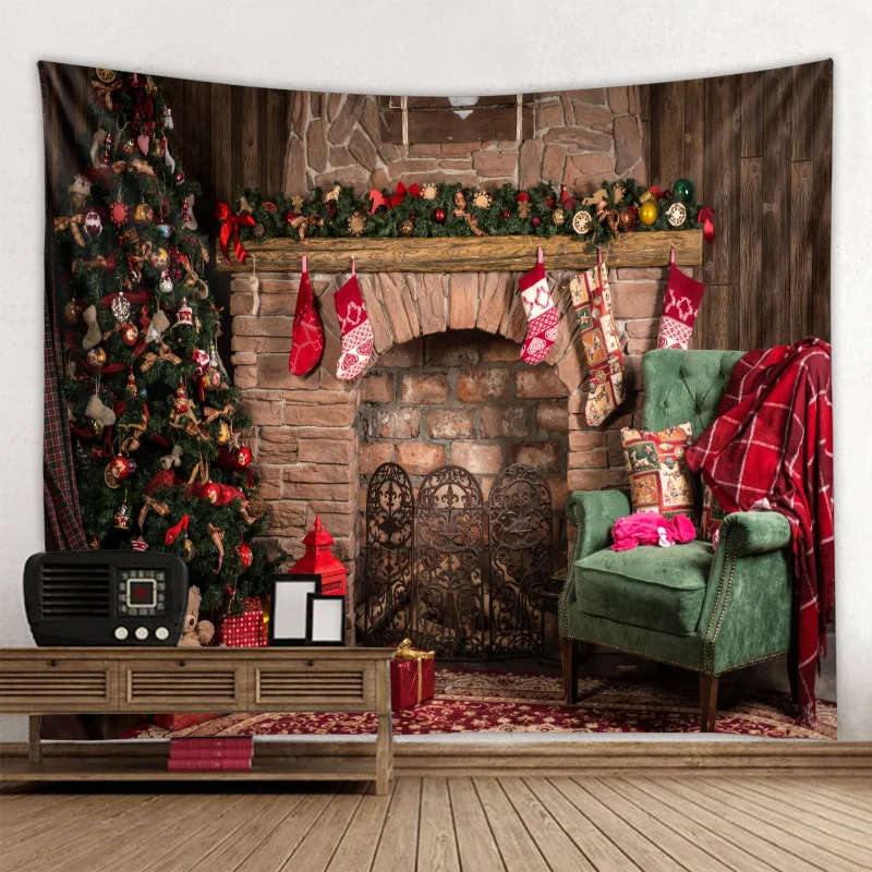 

Home Decor Merry Christmas Christmas Tree Fireplace Candle Garland Tapestry Bedroom Living Room Dorm Wall Hanging Wall Tapestry