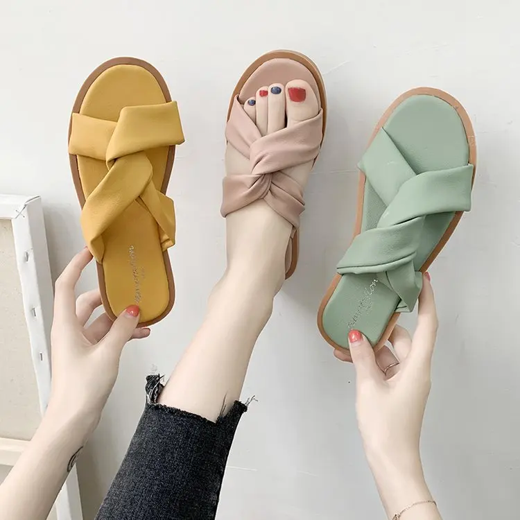 

Summer New Fashion Cross-belt Braided Surface All-match Flat-bottomed Women's Sandals Slippers Shoe for Women Flip Flops