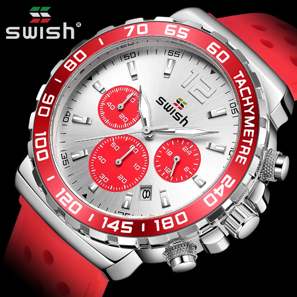 

Часы наручные SWISH Мужские кварцевые, роскошные Брендовые спортивные водонепроницаемые в стиле милитари, с хронографом и резиновым ремешком