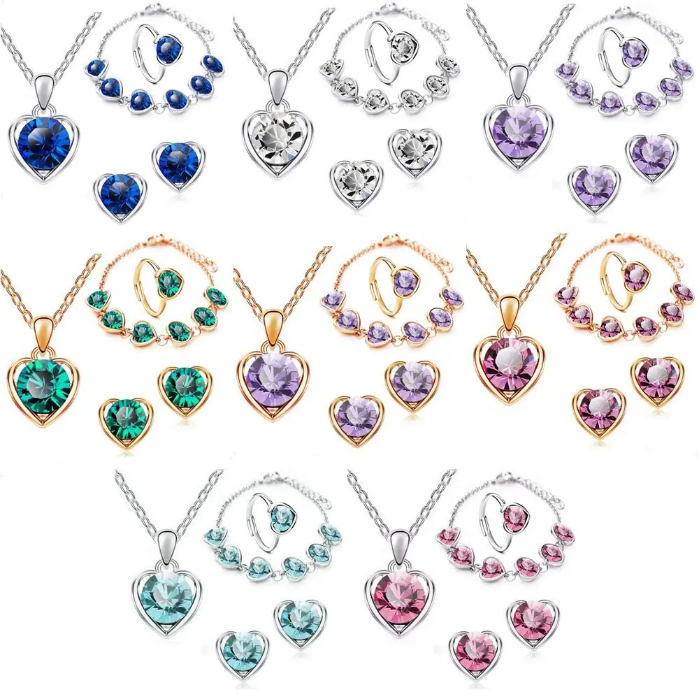 

4Pcs/Set Pendant Necklace Earrings Ring Bracelet Set Elegant Charm Elegant Lady Love Heart Crystal Jewelry Set for Women Gift