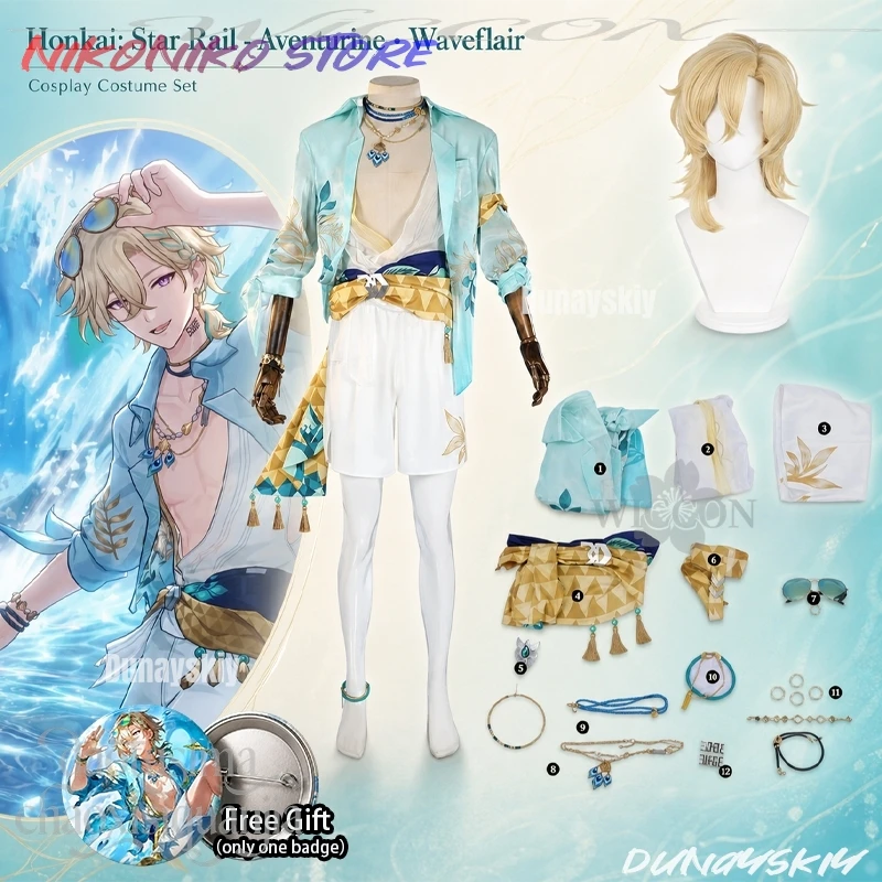 Фото Новый летний комплект Aventurine Waveflair: костюм для косплея на Хэллоуин, аниме-униформа, купальник, пальто, брюки, парики, игра Honkai Star Rail. №1