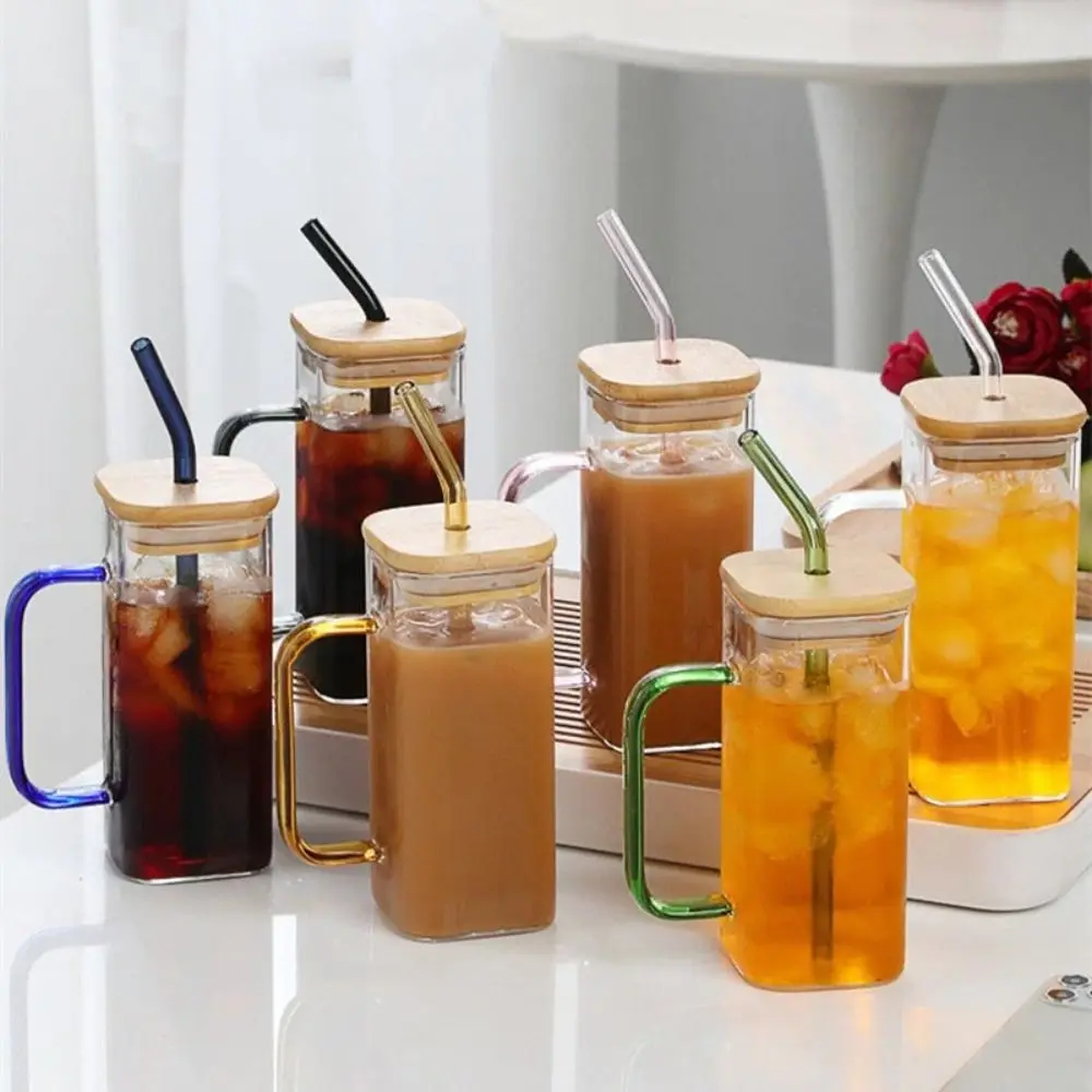 

400ML Square Mug With Lids and Straws Single Colored Handle Layer Drinking Glass Cups For Soda Iced Coffee Milk Bubble Tea Water
