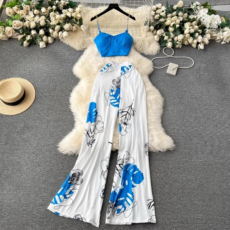 

Travel Vacation Wear skirt sets Women Summer Camisole Casual High-waisted Trousers suit print two piece sets womens outifits