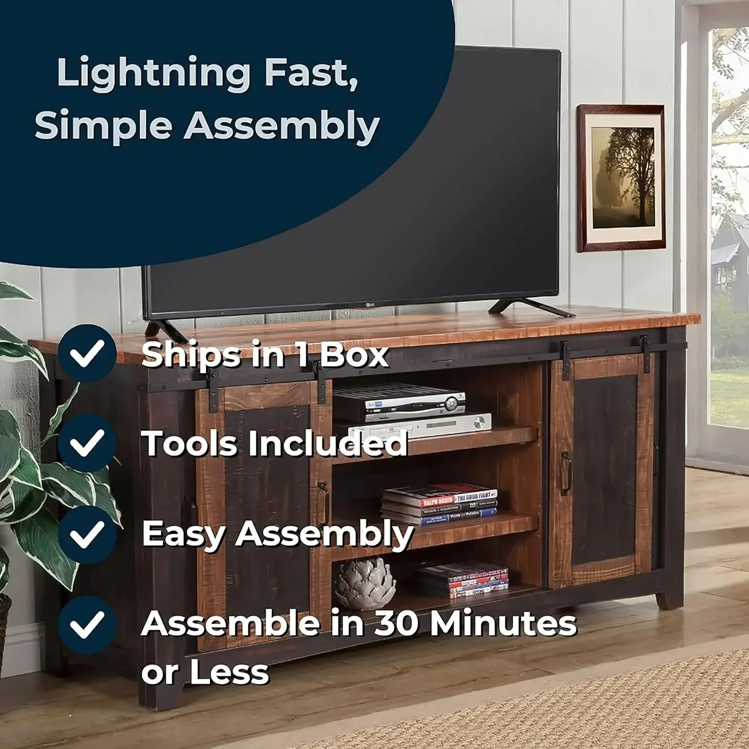 Santa Fe 70-дюймовая подставка для телевизора из цельного дерева античная черная и