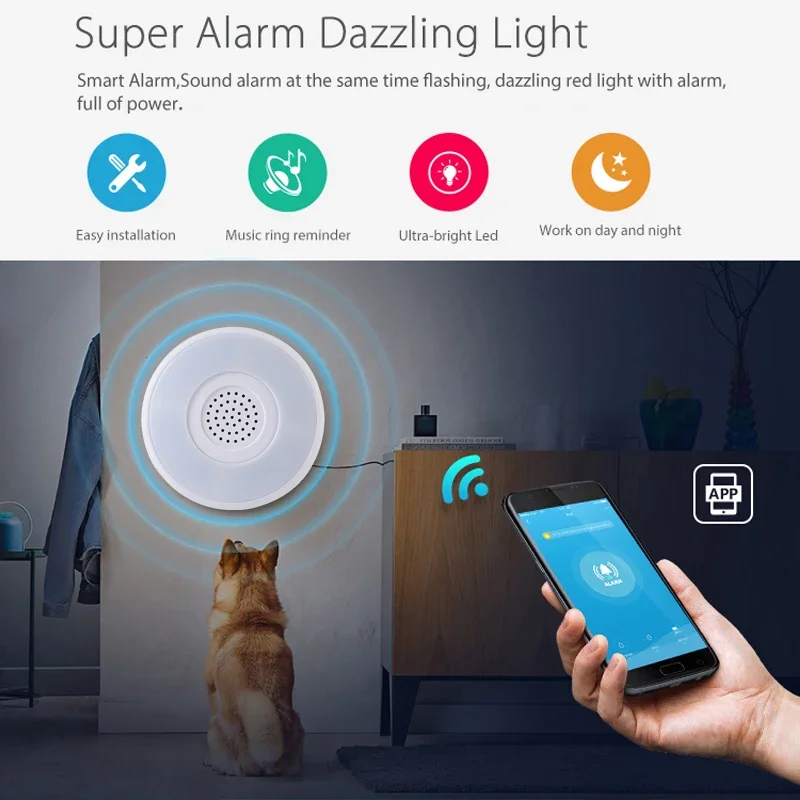 Фото Умная сирена с Wi-Fi, громкий динамик 90 дБ с подсветкой RGB для домашней системы безопасности Tuya №5