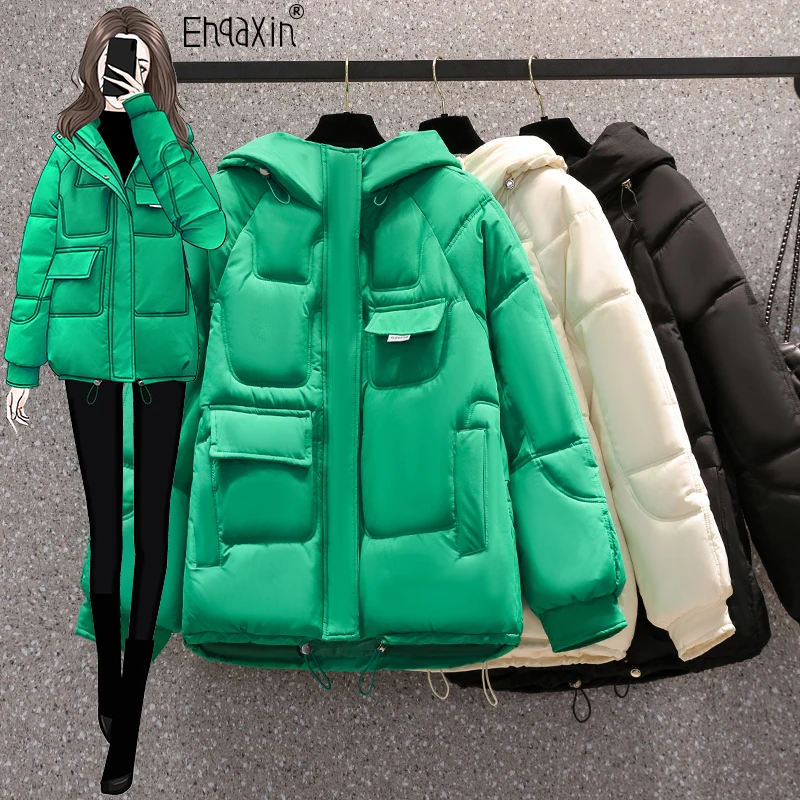 EHQAXIN Winter New Women's Hooded Down Jackets 2022 Fashion Korean Loose Thickened Warm Cotton Coats For Ladies M-3XL