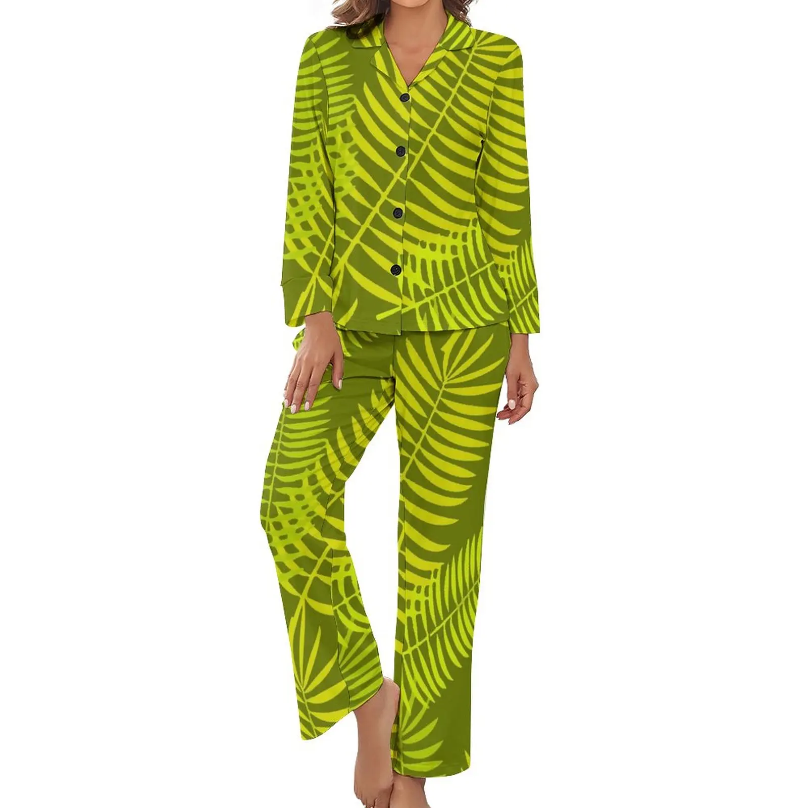 

Moss Print Pajamas Tropical Palm Trees Casual V Neck Sleepwear Lady Two Piece Design Long Sleeve Lovely Pajama Sets