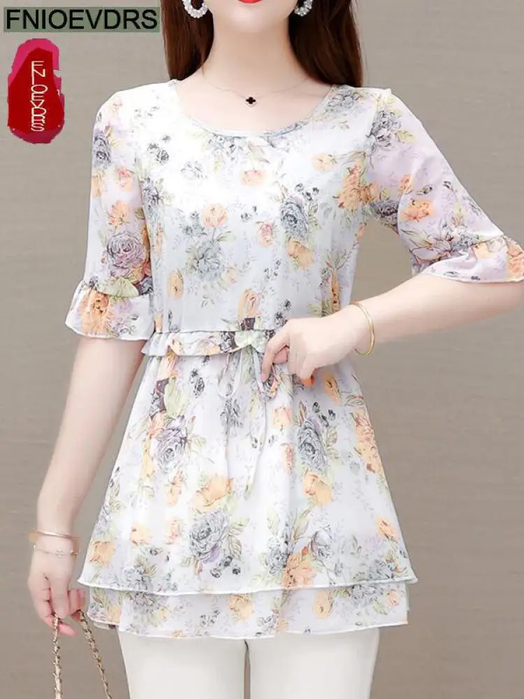 

Loose Lazy Clothes Floral Women Vintage Blouses 2022 Summer Short Sleeve Long Shirt Female Casual Peplum Tunic Retro Tops 0212