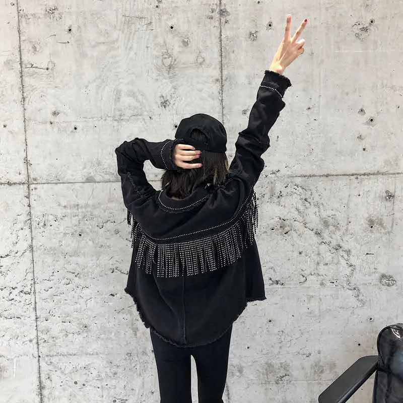 NEW Women's Black Fringe Decorative Jacket Autumn Hot Drilling Raw Edge Long Sleeve Lapel Slim Casual Street Coat Female S-2XL