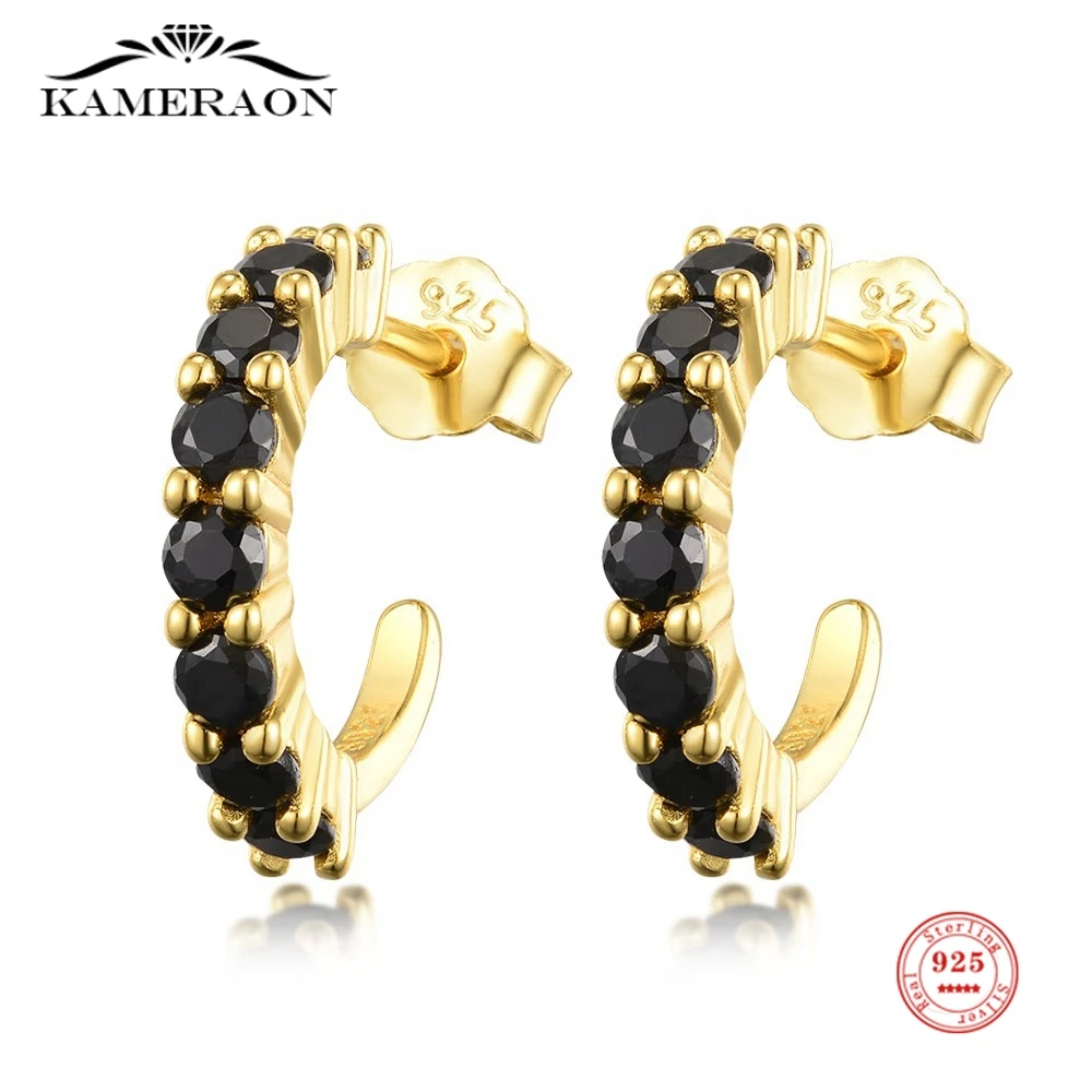 

Genuine 925 Sterling Silver Earring Argolas Bling Sparkling Black Zircon Stud Earrings for Women Lovers' Girl Fine Pendientes
