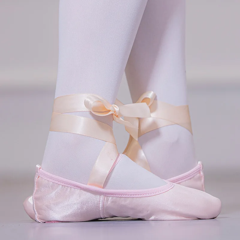 Girl Child and Ladies Ballet Pointe Dance Shoes Satin Ballet with Ribbon Straps Round Toe Indoor Yoga Shoes Fitness Slippers