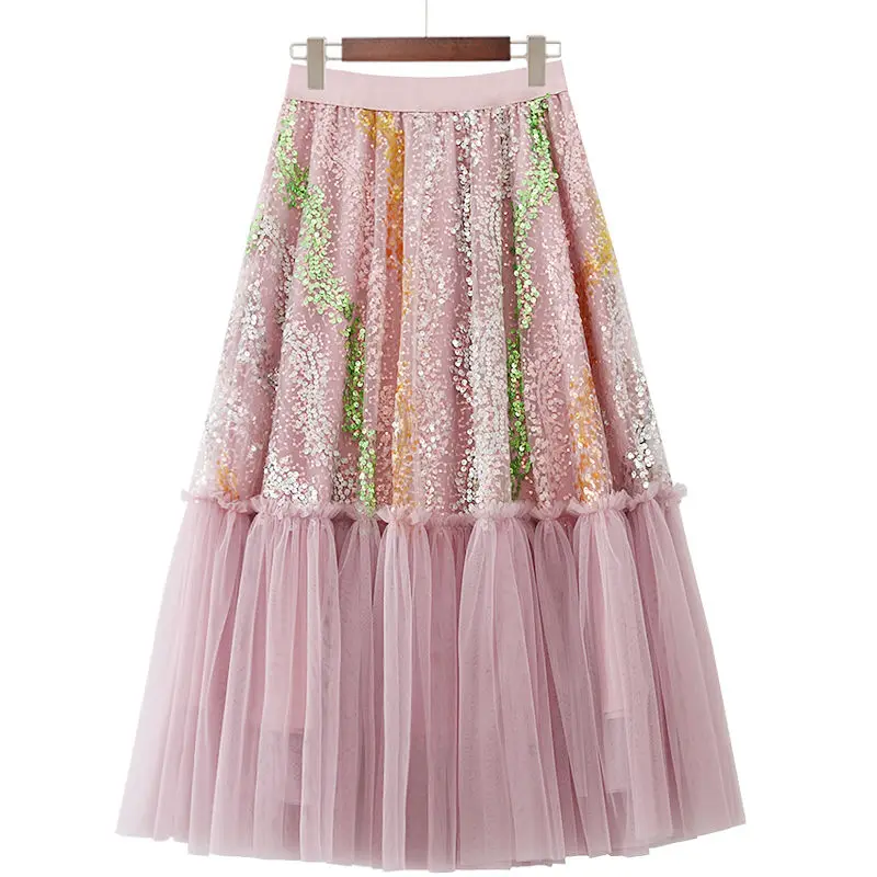 

Женская длинная фатиновая юбка, трапециевидная юбка во французском стиле с блестками и высокой талией, y2k, 2023