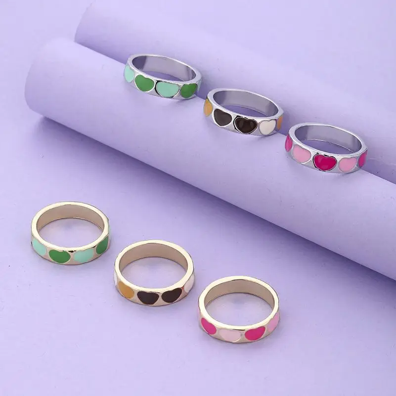 

2022 New Heart Enamel Ring Drop Oil Multicolor Ring for Women Simple Gold Color Rings Statement Jewelry Accessories