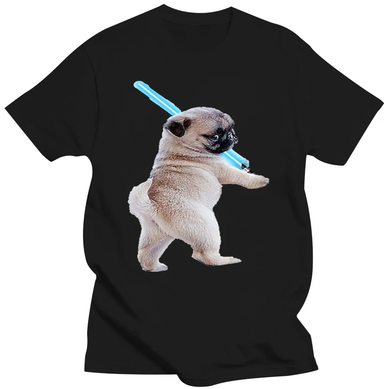 

2018 Летняя женская футболка, модная повседневная Милая футболка с белым Мопсом и световым мечом, женские футболки с коротким рукавом