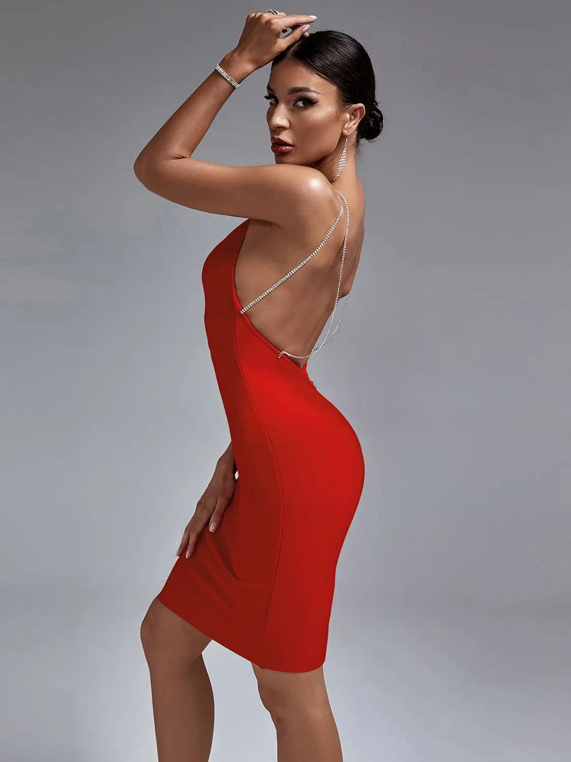 

Красное Бандажное платье, женское облегающее платье с открытой спиной, элегантное привлекательное мини-платье со стразами для дня рождения...