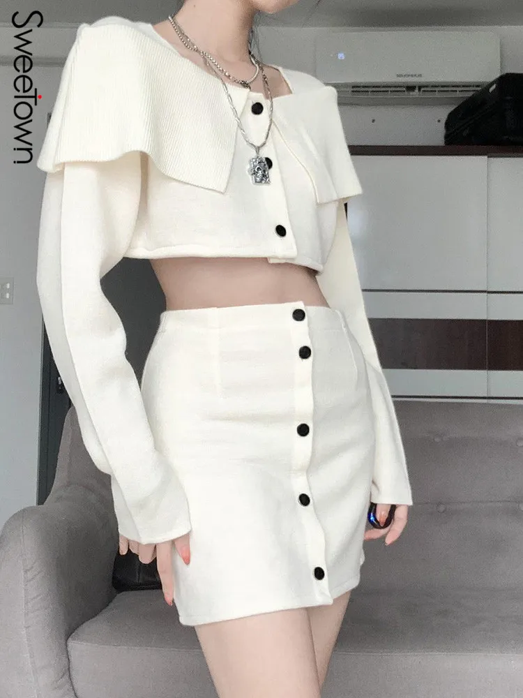 

Sweetown Korean Fashion White Button Up Long Sleeve Crop Jackets Mini Skirt Two Piece Set For Women 2023 Formal Office Outfits