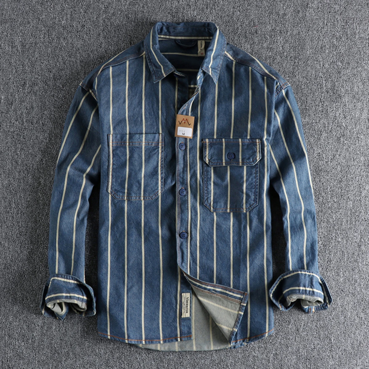 

Autumn New Custom Woven Striped Washed Used Denim Shirt Men's Work Style American Retro Trend Youth Shirt