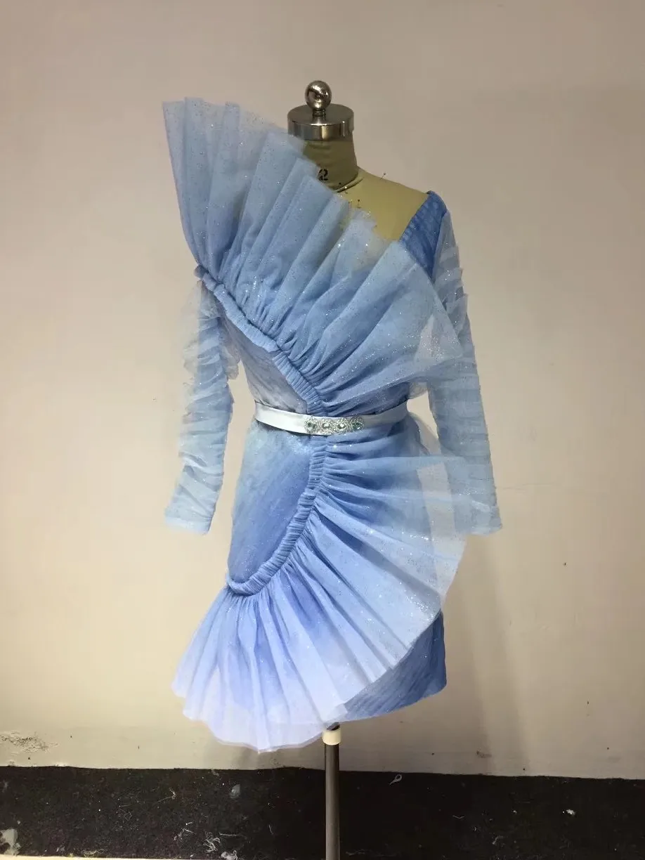 

Sky Blue Modern Mini dess Tulle Lace Custom Made Prom Evening Dresses Real Pictures
