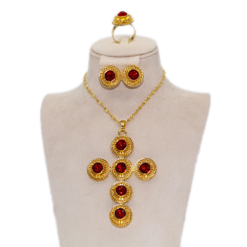 

Ethiopian Traditiona Cross Jewelry Set Necklace And Earrings Ethiopia Gold Eritrea Sets For Female Habesha Wedding Party Gift