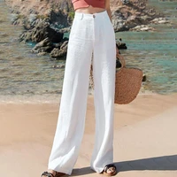 casual cotton linen wide leg beach pants women bohemian loose pants female vintage high waist solid color straight trousers