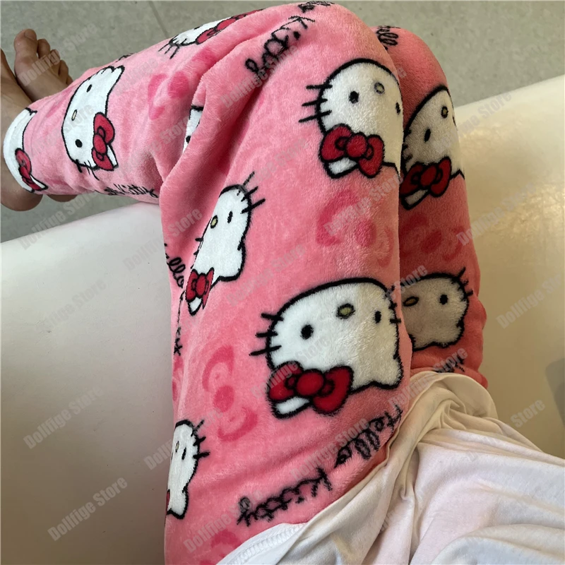 New Sanrio Hello Kitty Pajamas Black Pink Anime Flannel Women Warm Woolen WhiteCartoon Casual Home Pants Autumn Fashion Trousers