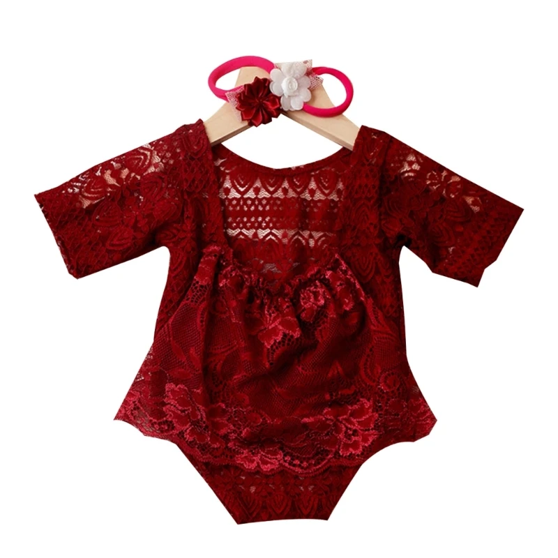 

Baby Lace Romper Headpiece Photoshoot Costume Posing Wear 0-1M Infant Photo Suit