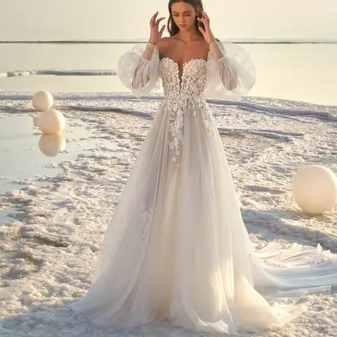 Luxury Women's Beach Wedding Dresses 2023 Sexy Off Shoulder Princess Tulle Lace Applique Fluffy Sleeve Bridal Dress Vstidos De