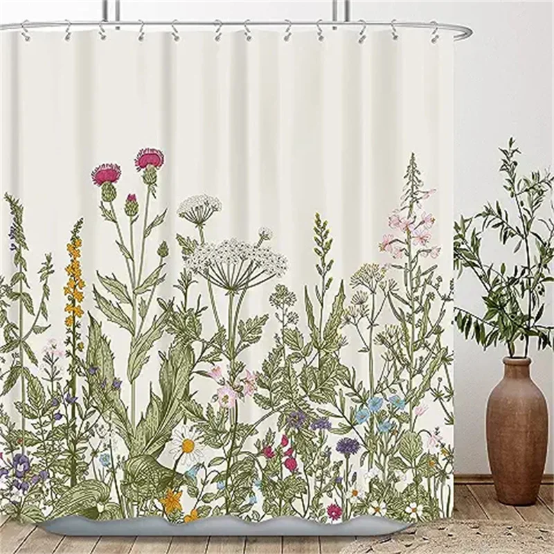

Wildflower Botanical Shower Curtain for Bathroom Decor Floral Plant Herbs Sage Green Leaves Bath Set Bathroom Fabric Waterproof