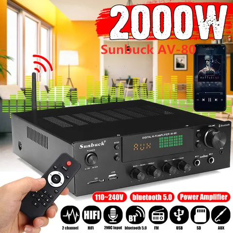 Усилители мощности SUNBUCK Av-80 2000 Вт для домашнего кинотеатра, Hi-Fi bluetooth, Стереоусилитель мощности, аудио, караоке, FM-приемник, USB, SD, 2 входа для микрофона