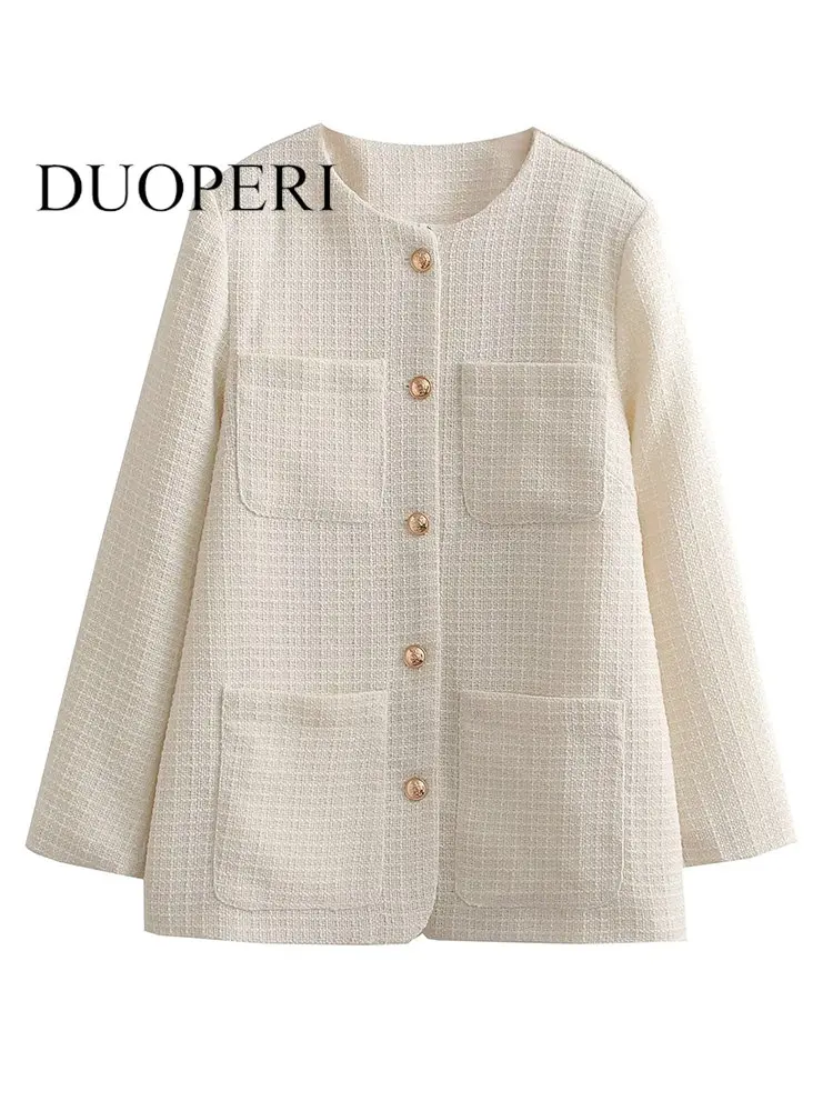 

DUOPERI Women Fashion With Pockets Texture Beige Single Breasted Blazer Vintage O-Neck Long Sleeves Female Chic Lady Outfits