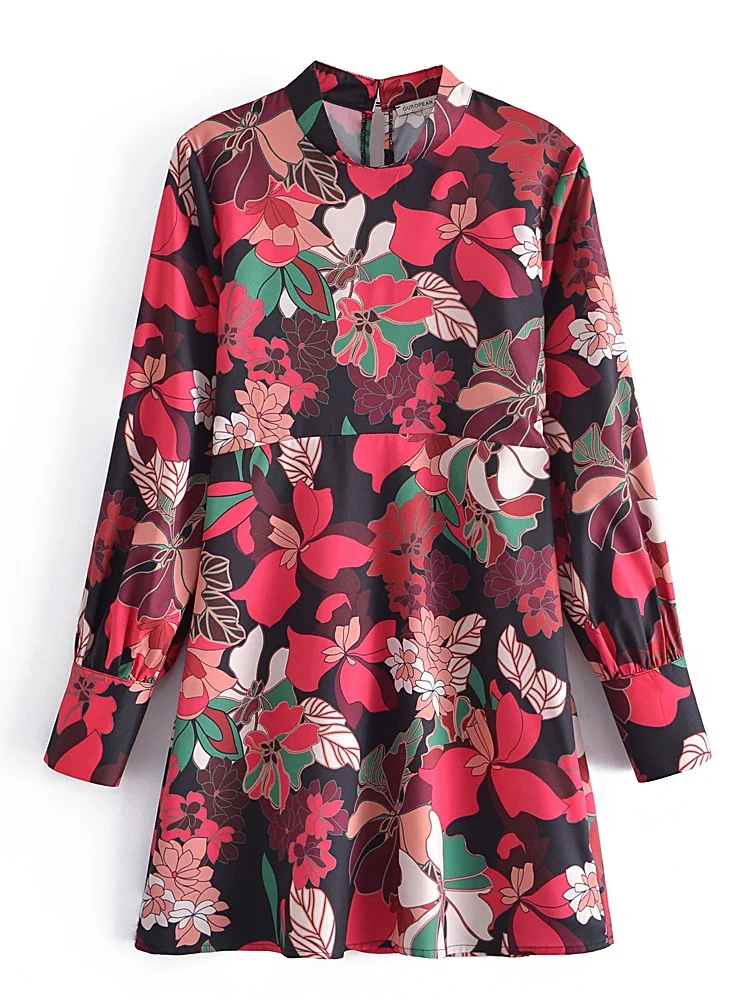 

TRAF Women 2022 Fashion Flowers Printed Mini Dress Vintage Long Sleeve Back Zipper Button-up Dresses Vestidos Streetwear