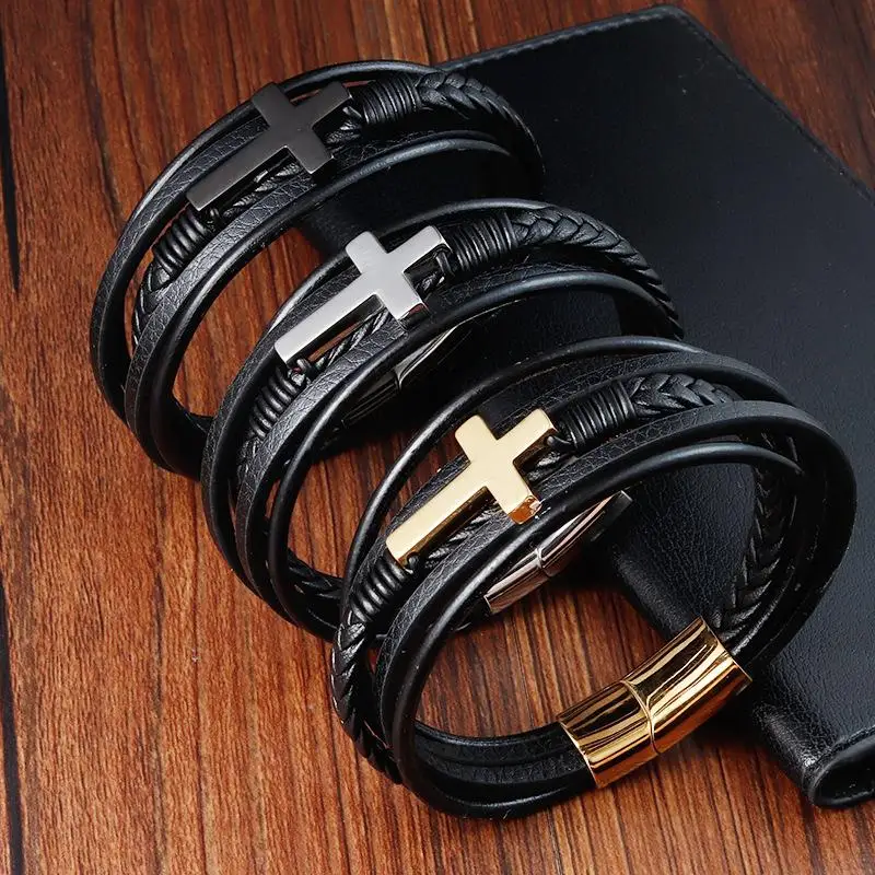 

Cross Design Classic Men's Leather Bracelet 3 Colors Stainless Steel Magnet Bangle Punk Fashion Men's Christmas New Year Gifts