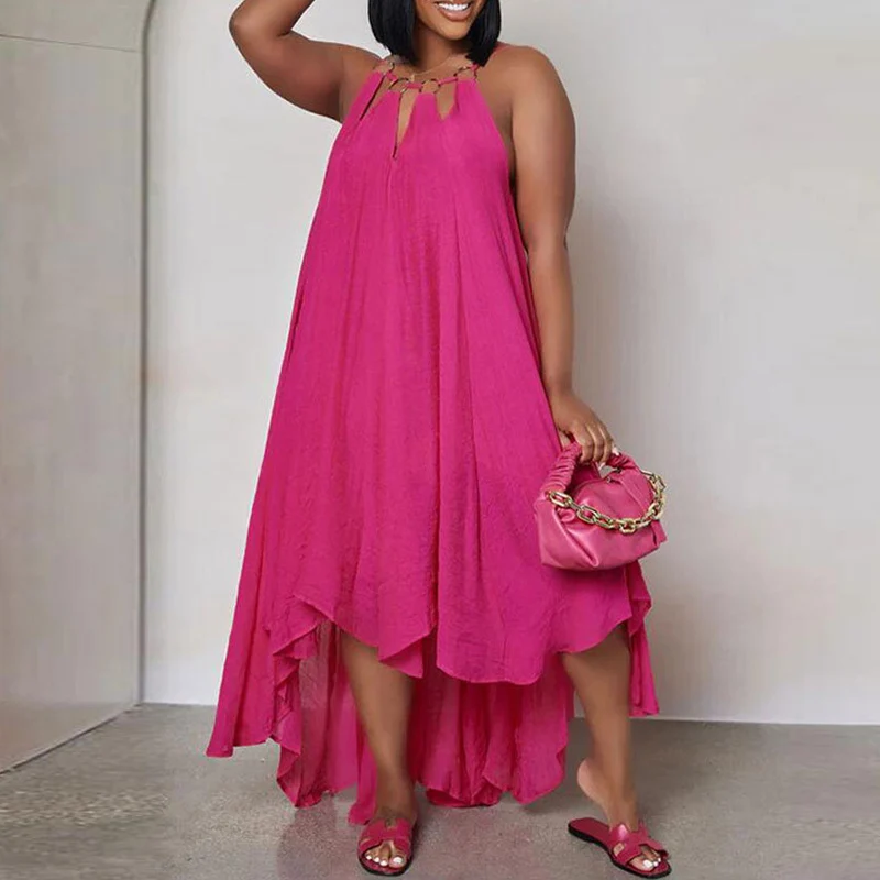 

Female Metal O-neck Hollow Irregular Long Dress Spring Solid Loose Boho Maxi Dress Women Sleeveless Summer Beach Dresses Vestido