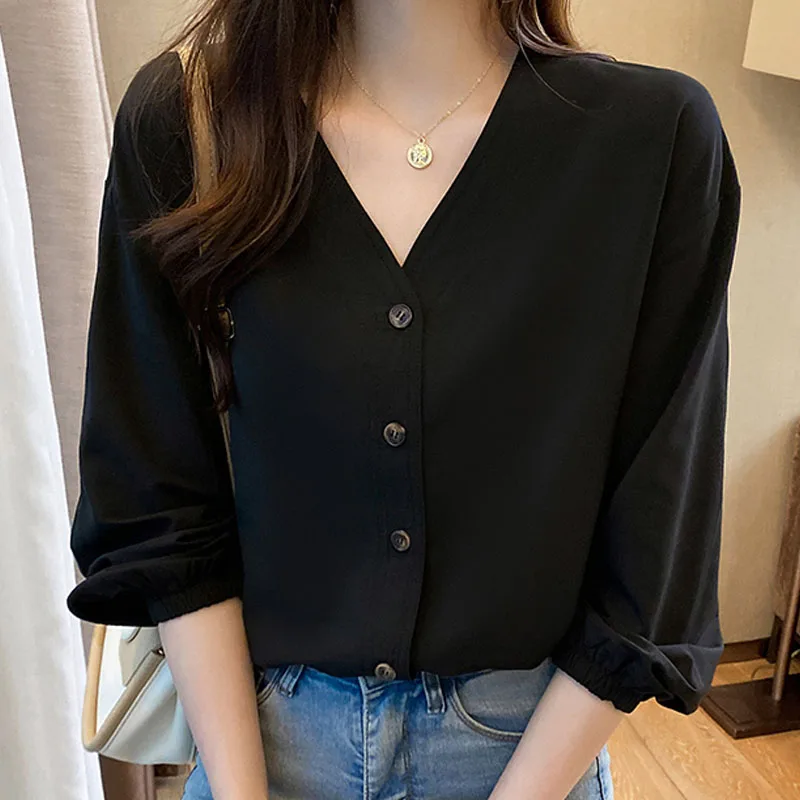 

Women Tops and Blouses 2022 Summer V-neck White Chiffon Shirt Women's Casual Long Sleeved Black Clothing Femme Button Solid 1964