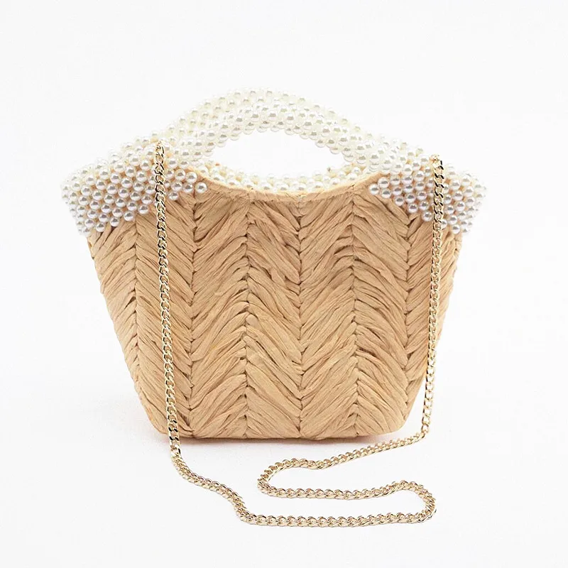 

2022 Summer Women Handbags Bohemia Raffia Drum Bags For Women Designer Shoulder Hand Made Rattan Grass Compilation Pearl Handbag