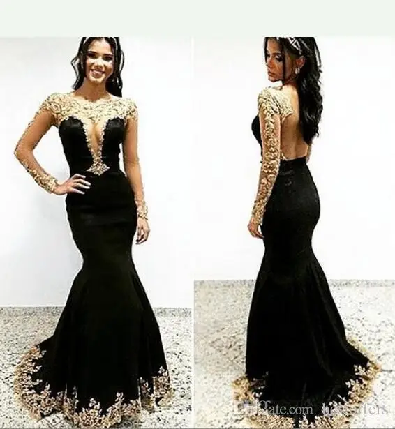 

Sheer Long Sleeve Black Evening Dresses Illusion Jewel Neck with Gold Lace Mermaid Celebrity Pageant Party Gowns Custom