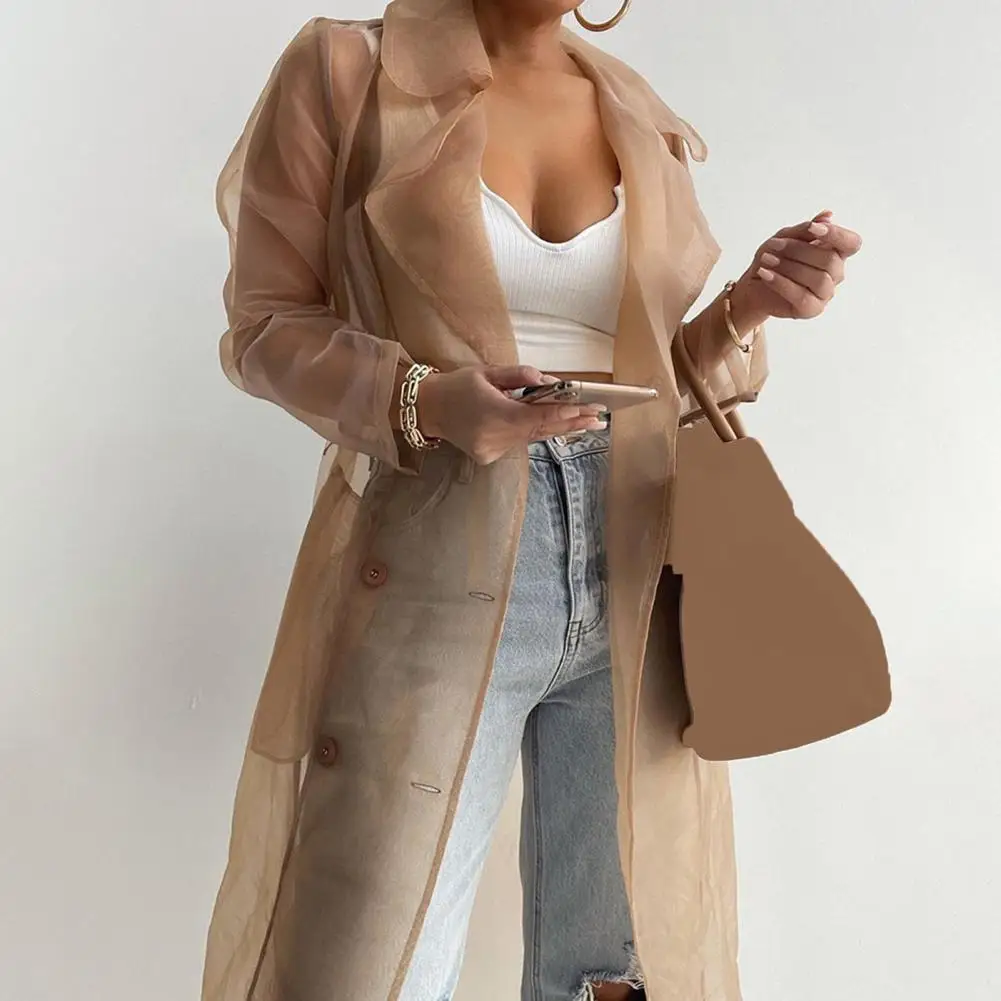 

2022 Women Fashion See Through Outdoor Tops Lace Up Spring Solid Sheer Mesh Long Sleeve Buttoned Coat With Belt Elegant Shirts