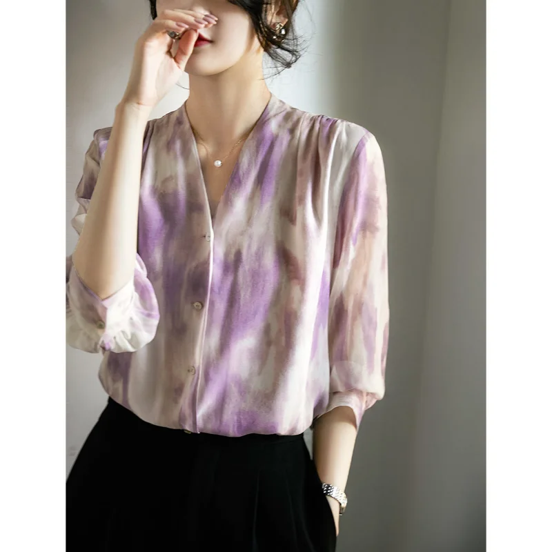 Half Sleeve Summer  Top Blouses Women 2022 New Purple Shirt Women's Printed Chiffon Shirt V-neck Blusas Mujer De Moda