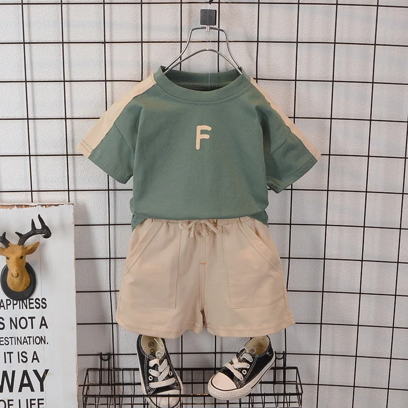 2023 summer two-piece suit baby boy suit casual color letter cute cotton T-shirt+shorts boutique children's clothing 1-4Y