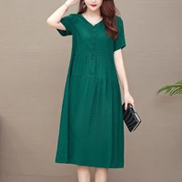 new fashion casual style 2022 summer dresses for women v neck cotton robe femme vintage a line solid dress