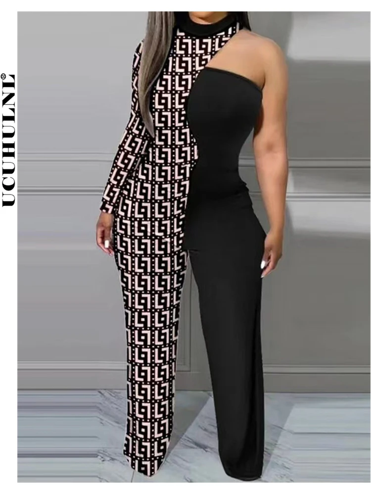 

Women's Patchwork Off Shoulder Jumpsuits Autumn Fashion Print One Shoulder Asymmetry Slim Tops Elegant Tracksuit Rompers New