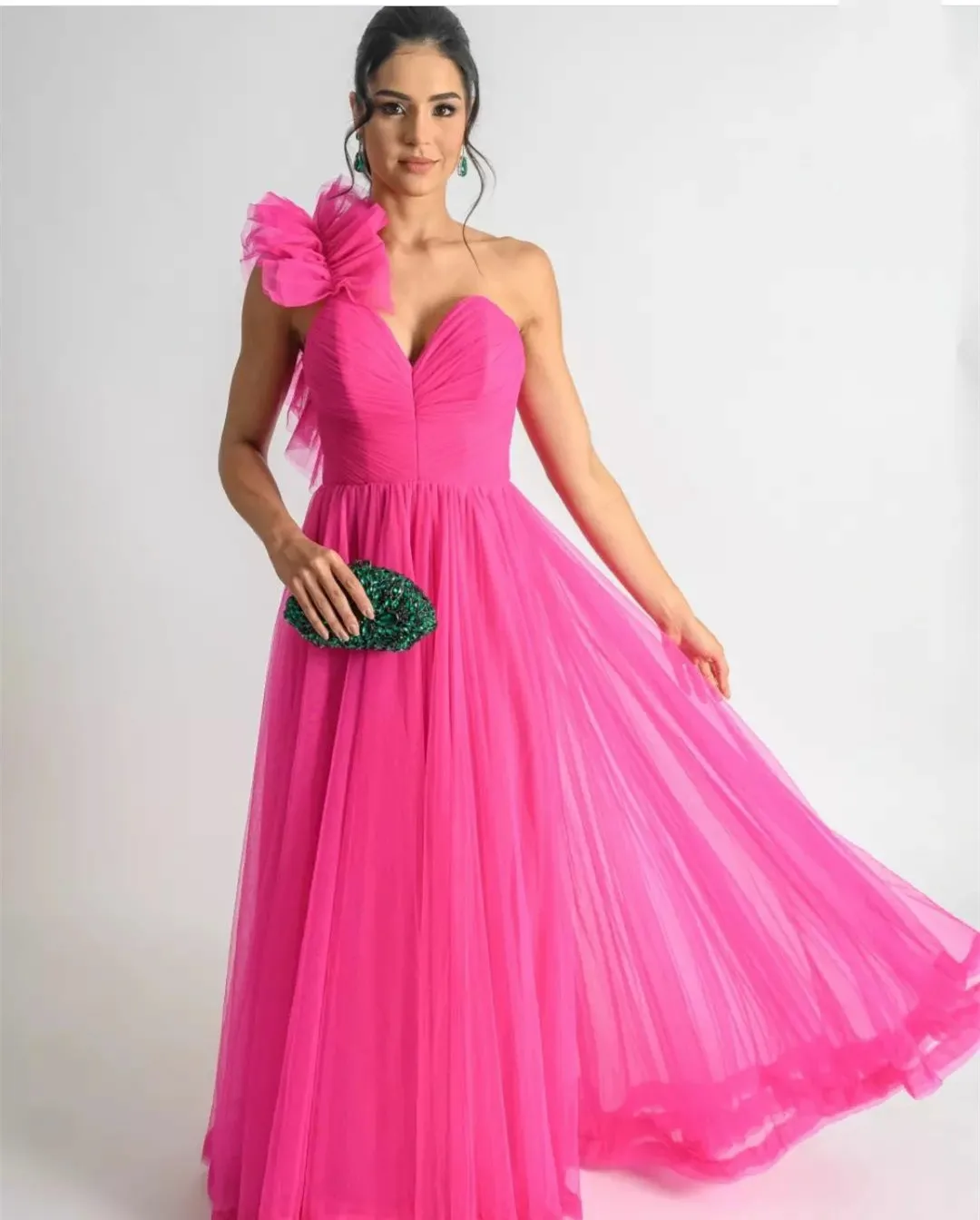 

Женское винтажное длинное вечернее платье, розовое Тюлевое плиссированное платье-трапеция до пола с открытым плечом, бальное платье для выпускного вечера