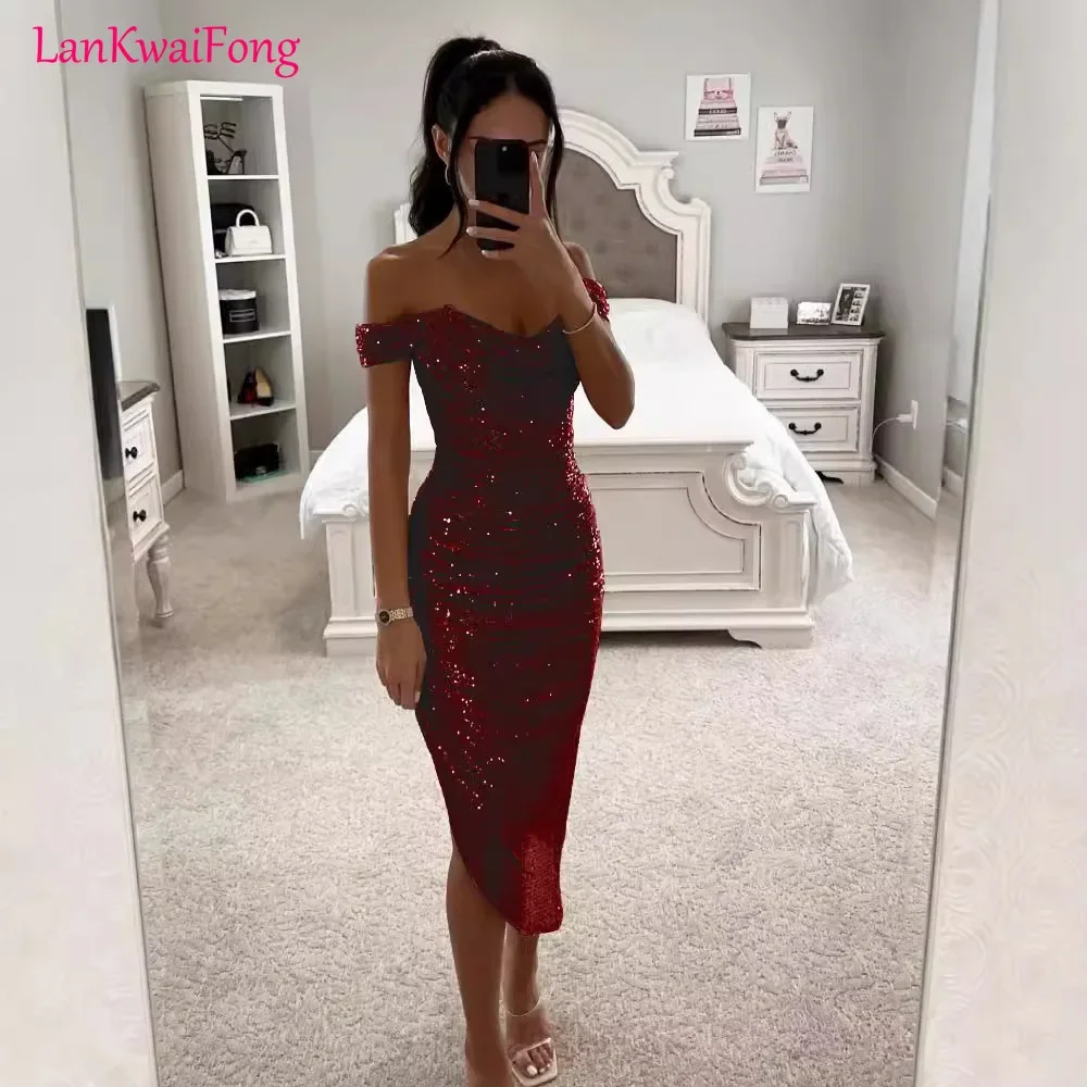 Сексуальное блестящее платье с открытыми плечами LKF