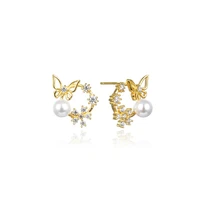 authentic 925 sterling silver earring gold color pearl flying butterfly stud earring for women girl wedding party jewelry gift