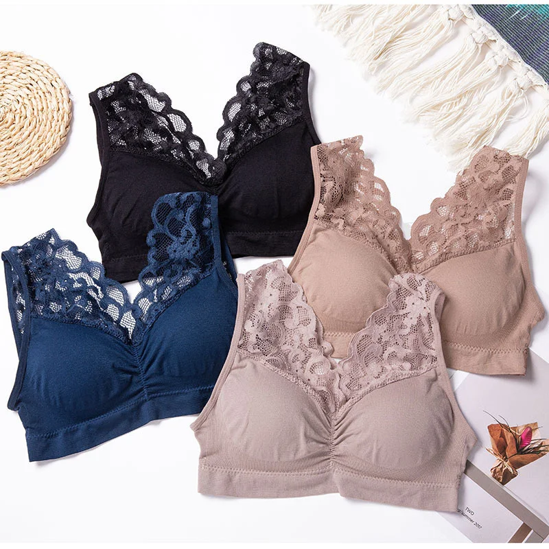

Women's underwear Breathable lace lace camisole style breasttop primer inside build Gather padded bra seamless Plus size bra top