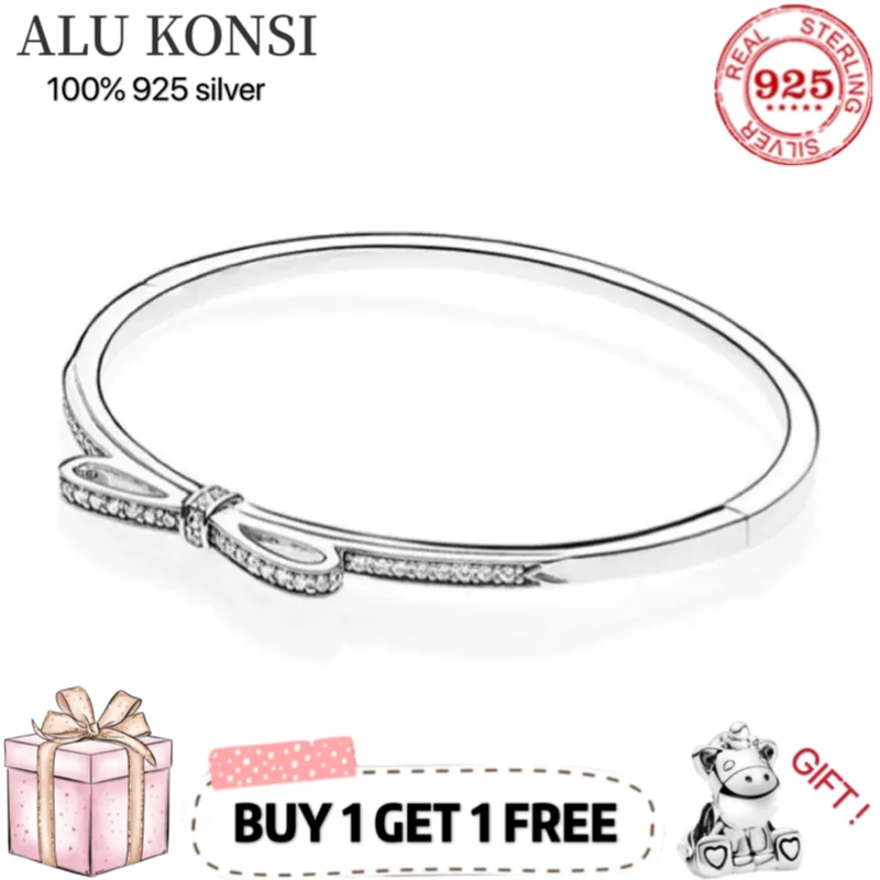 

Hot Sale 100% Real 925 Sterling Silver pan Bracelet for Women Fit Original Design bowknot Bangle DIY high quality Jewelry