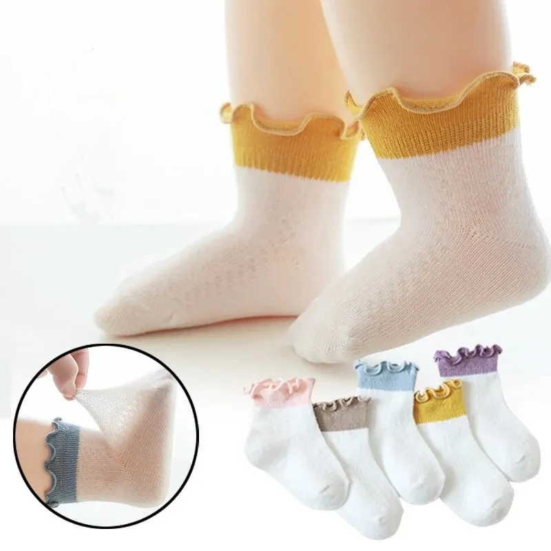 4 Pairs/Pack Simple Solid Color Baby Socks Summer Soft Thin Newborn Mesh Cotton Socks Child Breathable Short Socks High Elastic