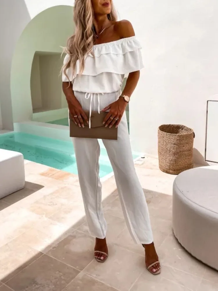 Женский пляжный комбинезон на шнуровке элегантный однотонный с высокой талией