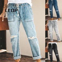 ledp womens jeans summer old ripped hole jeans womens high waist slim sexy high elastic lace up straight pants womens jeans