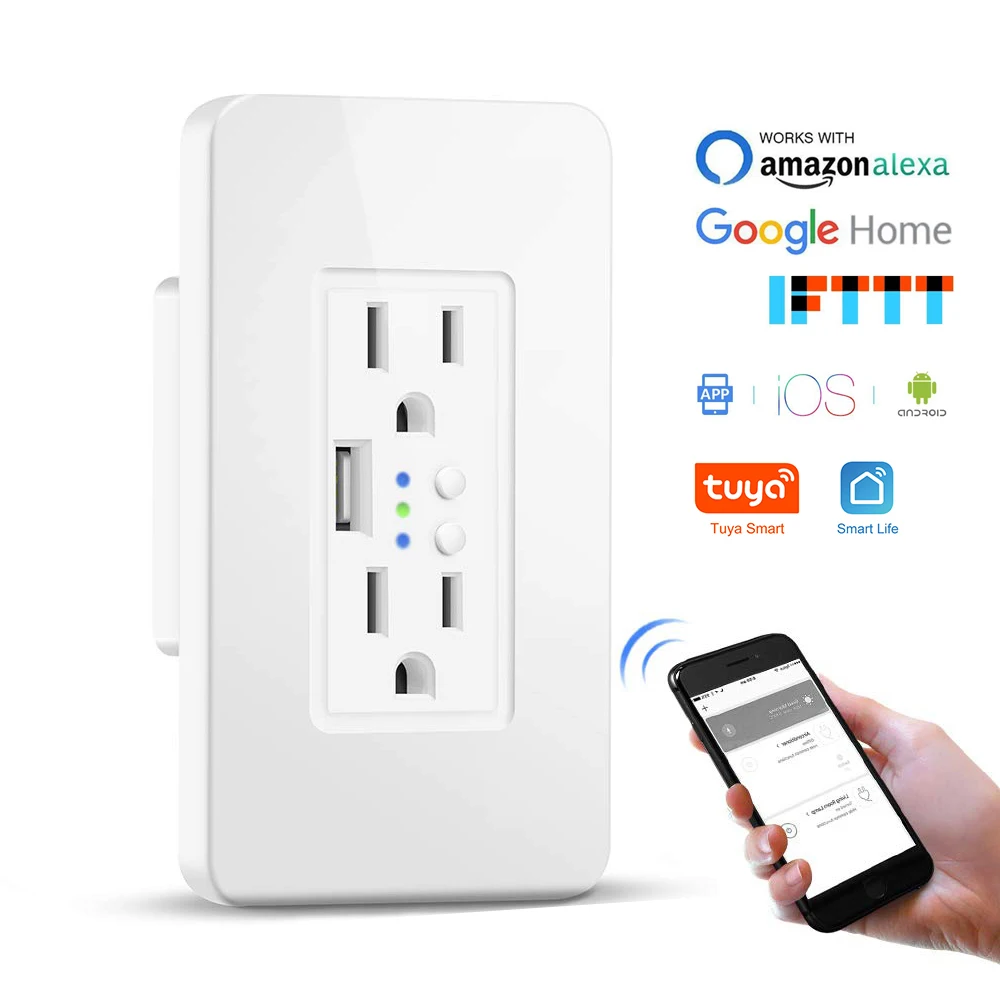 Smart WiFi Wall Outlets US Electrical Plug Sockets with USB Charger 15A Independent Switch Remote Control by Alexa Google Home